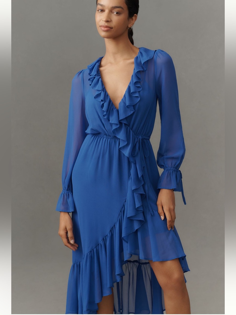NWT Anthropologie Long Sleeved Ruffled Asymmetric Dress Blue